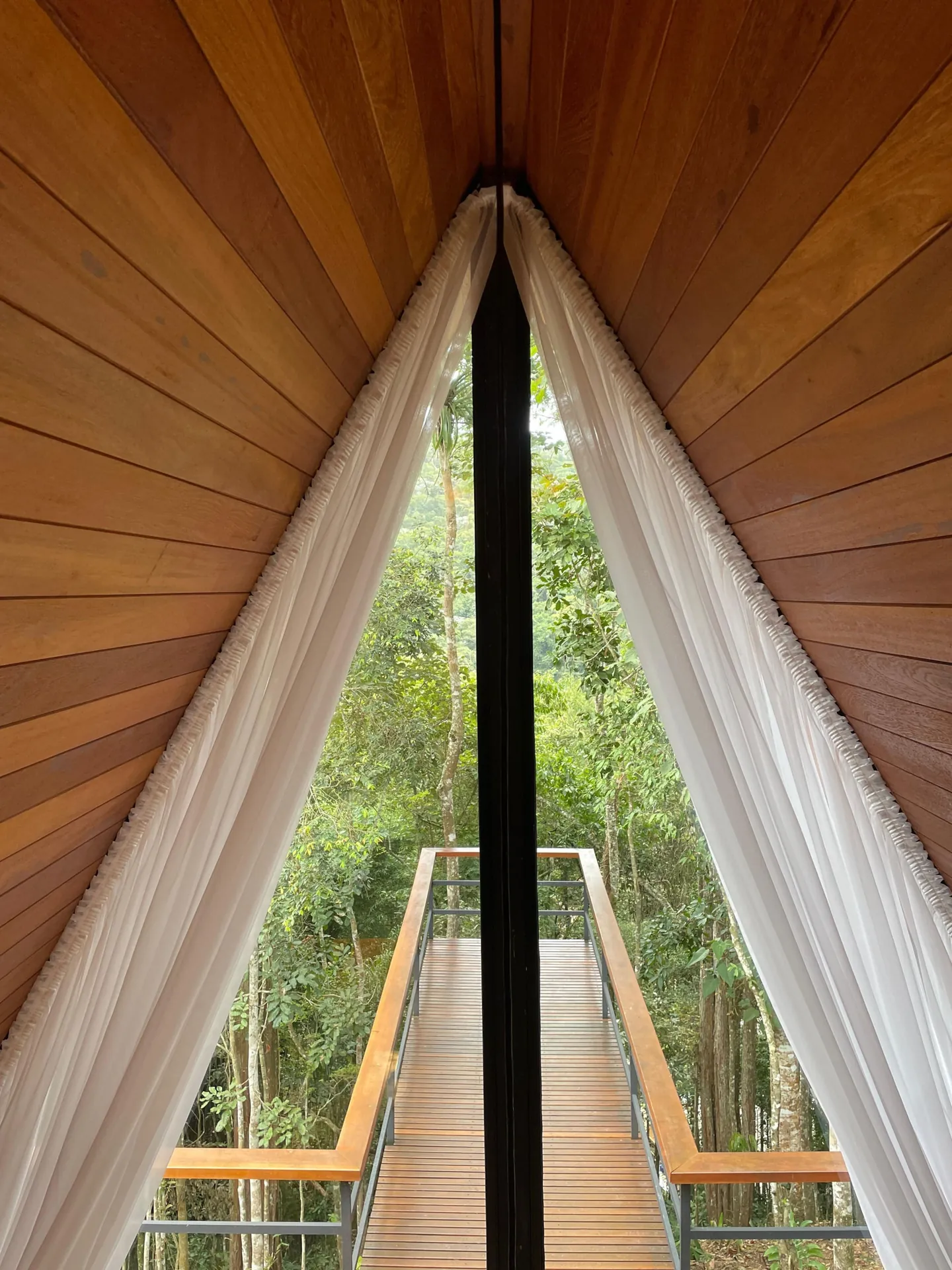 Vista da cama, entre as cortinas, para a passarela e as árvores